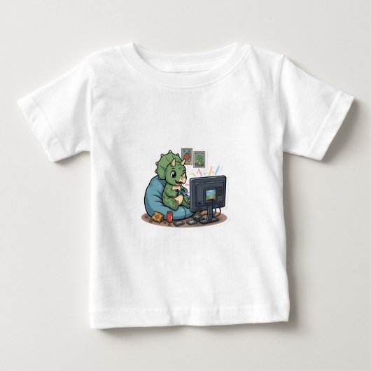 Dinosaurs Watchin' TV Cute Cartoon ベビーTシャツ (正面)