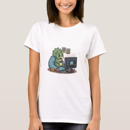 Dinosaurs Watching TV Cute Cartoon Womens White Tシャツ (正面)