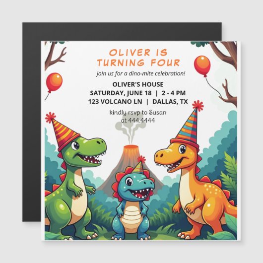 Dinosour Birthday Party Invitation Magnetic Card (正面/裏面)
