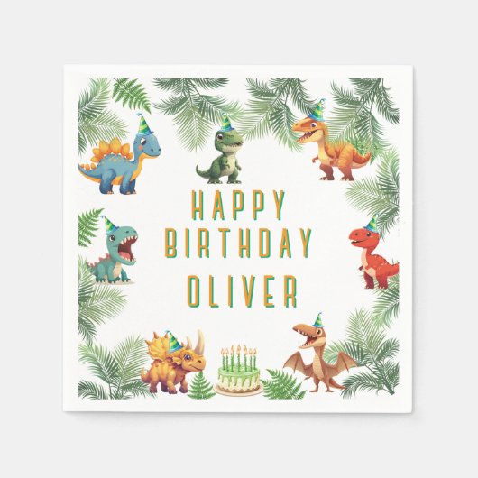 Dinsoaur誕生日、水彩tレックスナプキン スタンダードカクテルナプキン (正面)