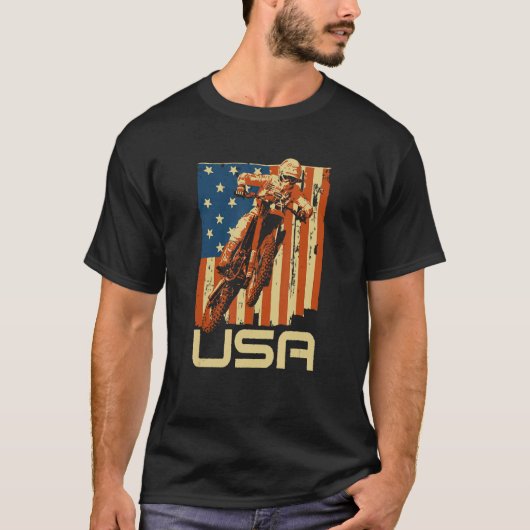 Dirt Bike 4th of July Motocross American Flag MX R Tシャツ (正面)