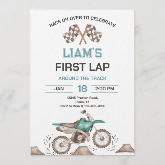 Dirt Bike First Lap Birthday Party 招待状 (正面)