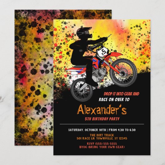 Dirt Bike/Motorbike Birthday Partyへの招待 招待状 (正面/裏面)