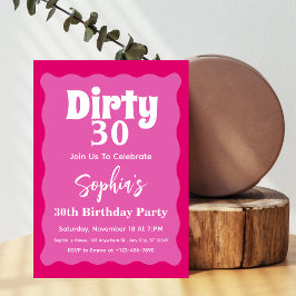 Dirty30ホットピンク波状曲線30th誕生日 招待状