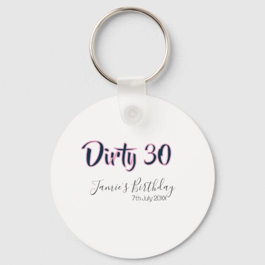 Dirty 30 happy birthday name date pink gray callig キーホルダー (正面)