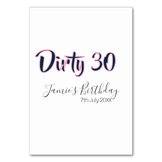 Dirty 30 happy birthday name date pink gray callig テーブルナンバー (正面)