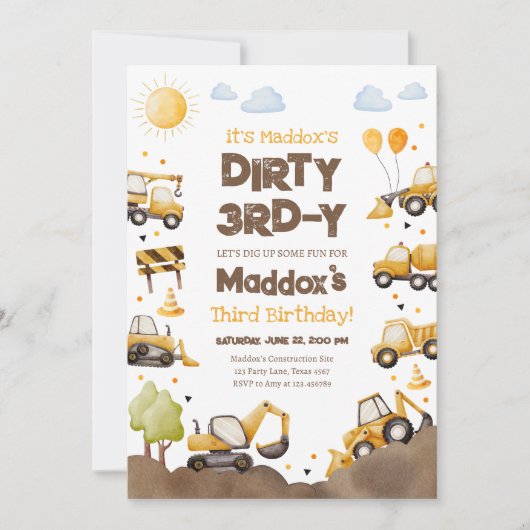 Dirty 3RD-Y Construction Trucks Boy Third Birthday 招待状 (正面)