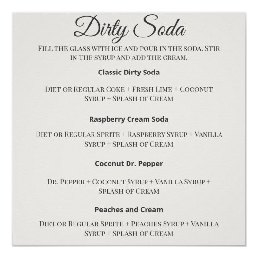 Dirty Soda Bar Sign with Recipes for Wedding ポスター (正面)