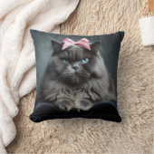 Disapproving Cat: Fluffy Gray Cat with Pink Bow. クッション (ブランケット)