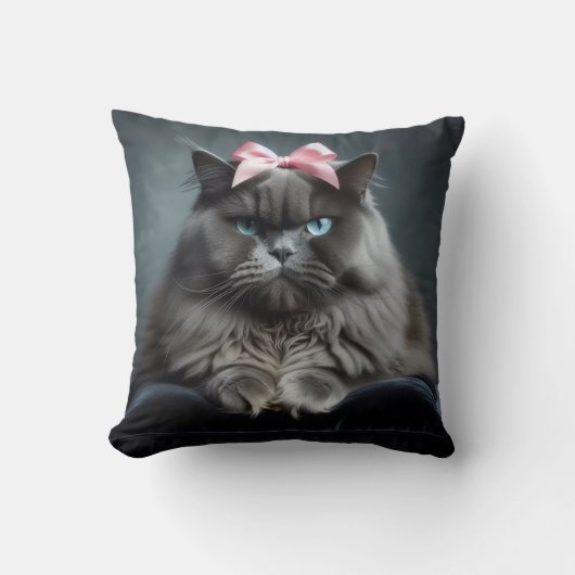 Disapproving Cat: Fluffy Gray Cat with Pink Bow. クッション (正面)