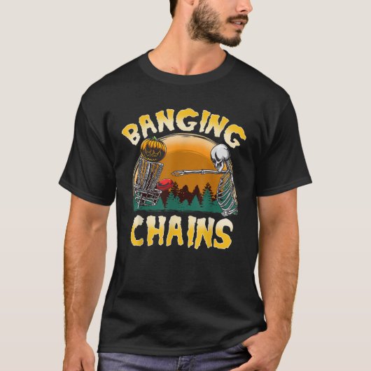 Disc Golf Banging Chains Halloween Skeleton Pumpki Tシャツ (正面)