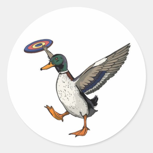 Disc Golfing Duck Funny Bird ラウンドシール (正面)