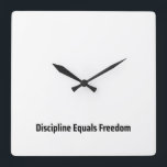 Discipline Equals Freedom Minimalist Typewriter  スクエア壁時計<br><div class="desc">Own your time. This modern wall clock features sharp typewriter numerals and a central message reminding you that every second spent in discipline buys your freedom.</div>