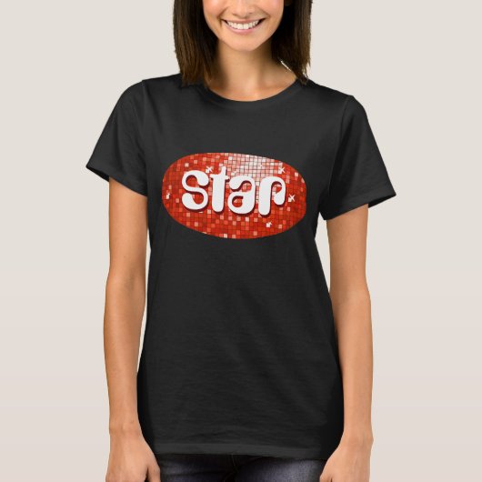Discoタイル赤い「スター」Tシャツブラック Tシャツ (正面)