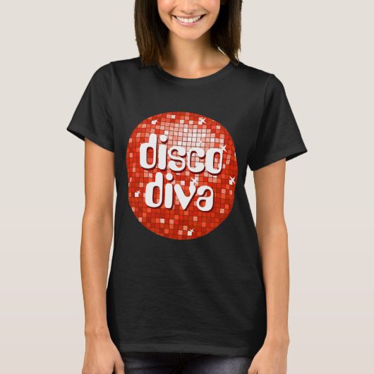 Discoタイル赤'disco diva' Tシャツブラック Tシャツ (正面)