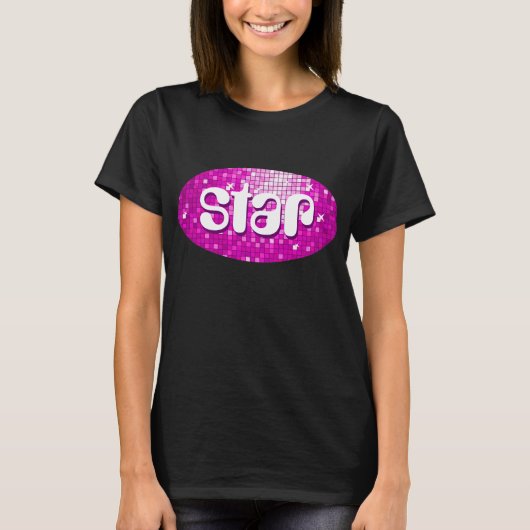 DiscoタイルPink 'star'女性のTシャツブラック Tシャツ (正面)