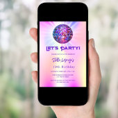 Discoパーティーピンクのホログラフィック誕生日 招待状