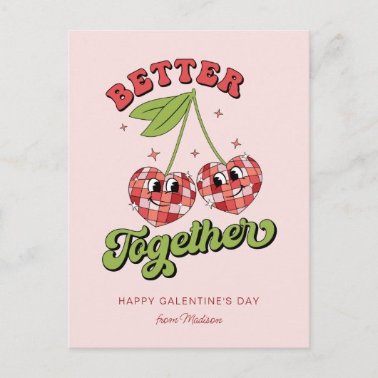 Discoボールバレンタインのさくらんぼを一緒に楽しむ ポストカード (正面)