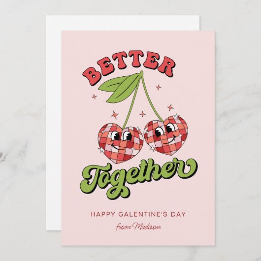 Discoボールバレンタインのさくらんぼを一緒に楽しむ 招待状 (正面/裏面)