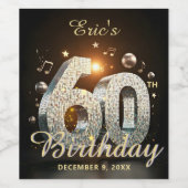 Disco Ball 60th Birthday Music Notes Black Gold ワインラベル (シングルラベル)
