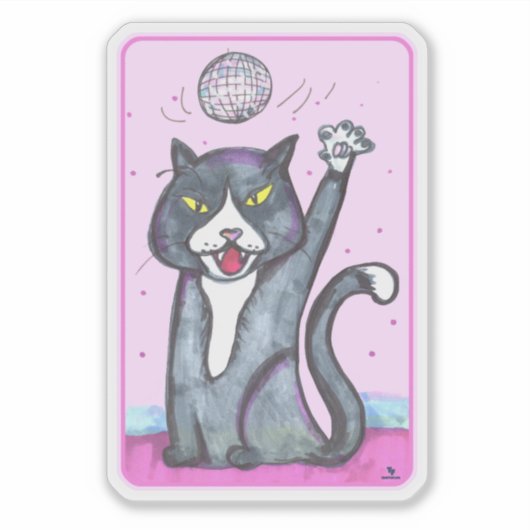  Disco Ball Cat Cheeky Dancing Cartoon Fun Art シール (正面)
