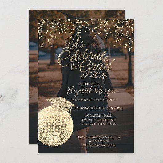 Disco Ball Confetti Graduation Photo 招待状 (正面/裏面)