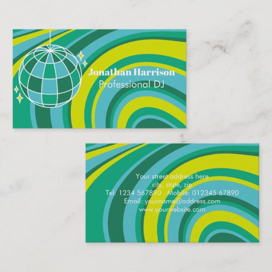 Disco Ball DJレトロGroovy Wave Green 名刺 (正面/裏面)