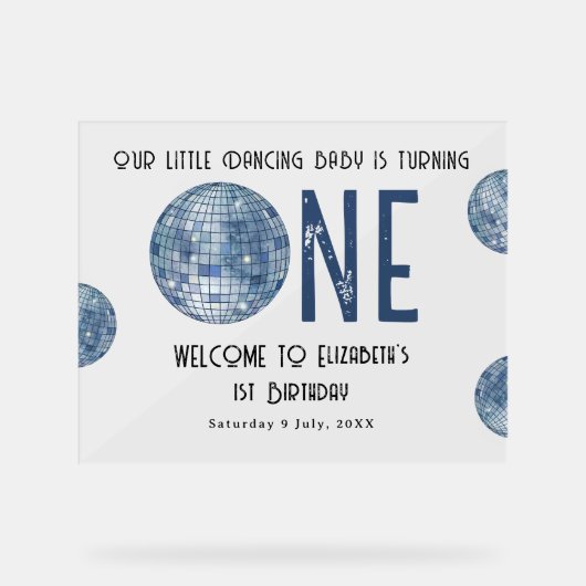 Disco Ball First Year 1st Birthday Party アクリルサイン (正面)