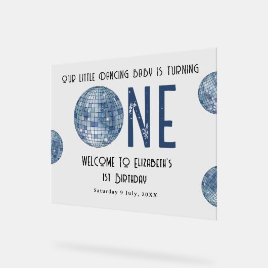 Disco Ball First Year 1st Birthday Party アクリルサイン (傾斜)