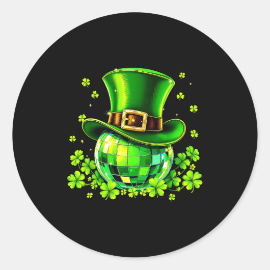 Disco Ball Leprechaun Hat Irish Shamrock St Patric ラウンドシール (正面)