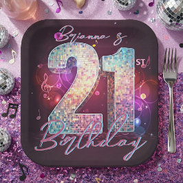 Disco Ball Musical Notes Pink 21st Birthday ペーパープレート