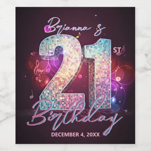 Disco Ball Musical Notes Pink Purple 21st Birthday ワインラベル (シングルラベル)