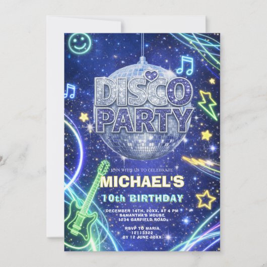 Disco Ball Neon Space Kids Birthday Party Invite 招待状 (正面)