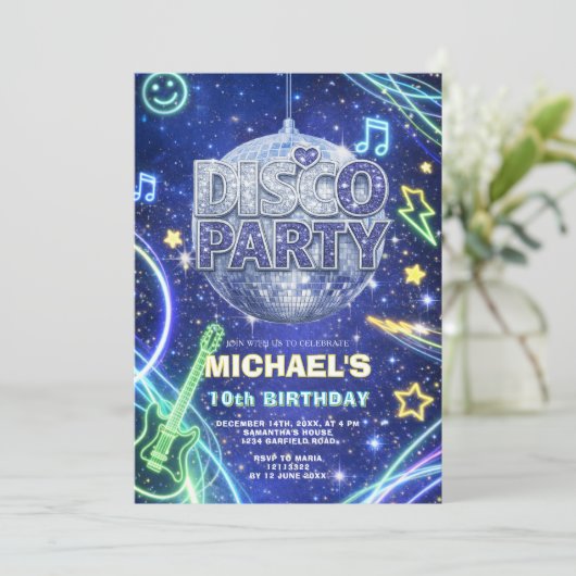 Disco Ball Neon Space Kids Birthday Party Invite 招待状 (スタンド正面)