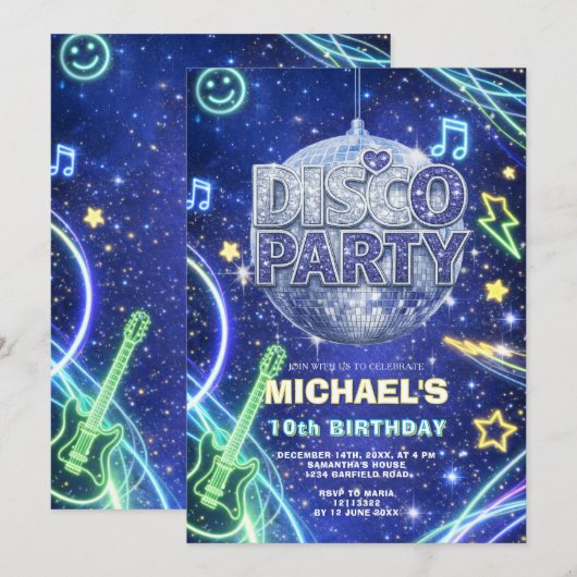 Disco Ball Neon Space Kids Birthday Party Invite 招待状 (正面/裏面)