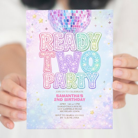 Disco Ball Pastel Rainbow Toddler Birthday Party  招待状