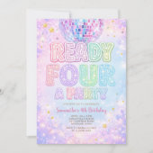 Disco Ball Ready FOUR パーティー お誕生日おめでとう 招待状 (正面)