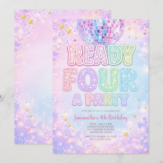 Disco Ball Ready FOUR パーティー お誕生日おめでとう 招待状 (正面/裏面)
