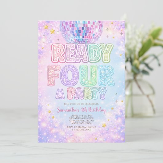 Disco Ball Ready FOUR a party Birthday 招待状 (スタンド正面)
