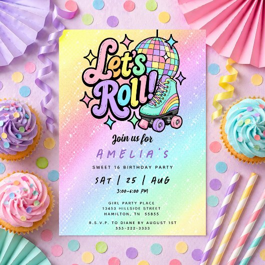Disco Ball Roller Skate Sweet 16 Birthday Party 招待状
