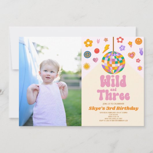 Disco Ball Wildと3枚の写真3回目の誕生日パーティー 招待状 (正面)