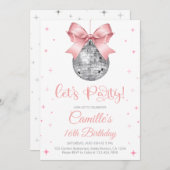 Disco ball with pink bow girl birthday  招待状 (正面/裏面)