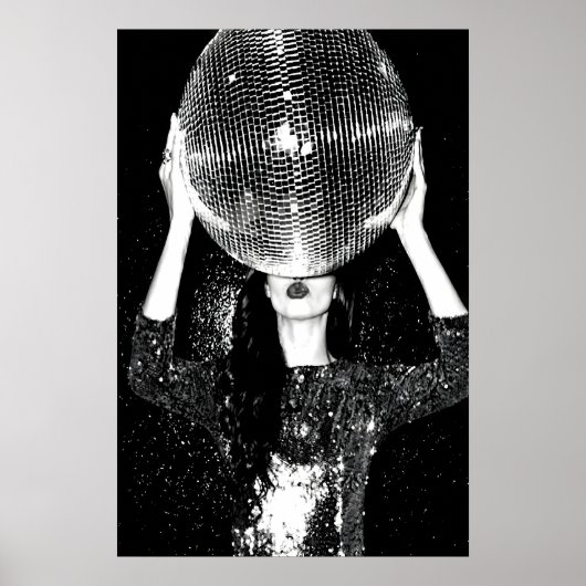 Disco Ball Woman Poster, Black and White Retro ポスター (正面)