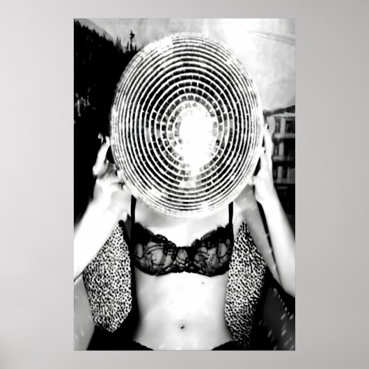 Disco Ball Woman Print, Black and White, Funky ポスター (正面)