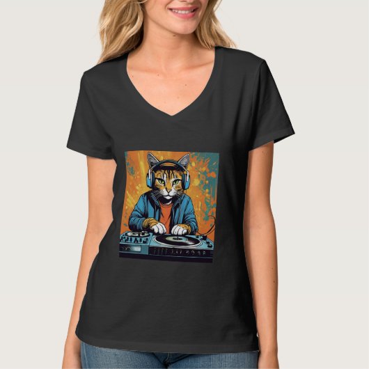 Disco CatテクノDJ動物愛好家ノベルティグラフィック Tシャツ (正面)