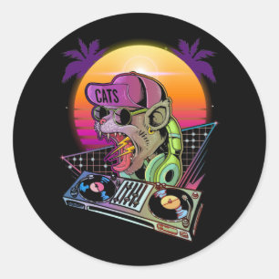 Disco Cat DJ Vaparwave 80s 90sテクノ音楽愛好家 ラウンドシール