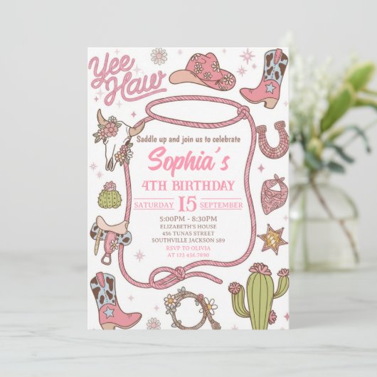 Disco Cowgirl Nashville Pink Rodeo Birthday Party 招待状 (スタンド正面)