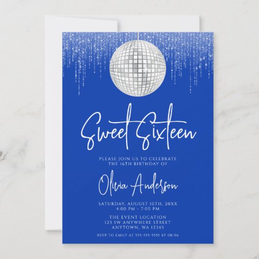 Disco Lights Silver Royal Blue Sweet 16 招待状 (正面)