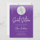 Disco Lights Silver Royal Purple Sweet 16 招待状 (正面)