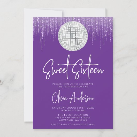Disco Lights Silver Royal Purple Sweet 16 招待状 (正面)